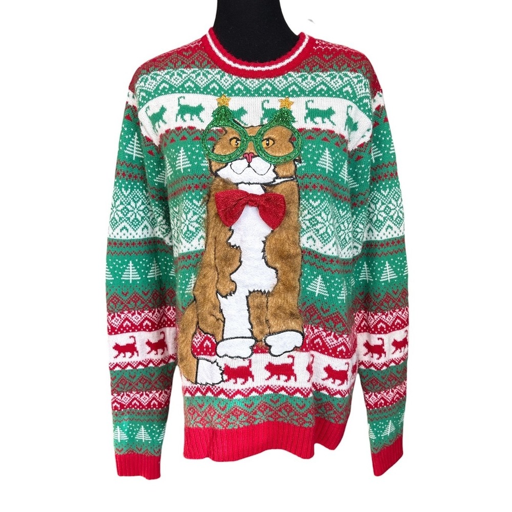 33 Degrees Funny Cat Ugly Christmas Sweater, Large, Red & Green, Sparkle Holiday